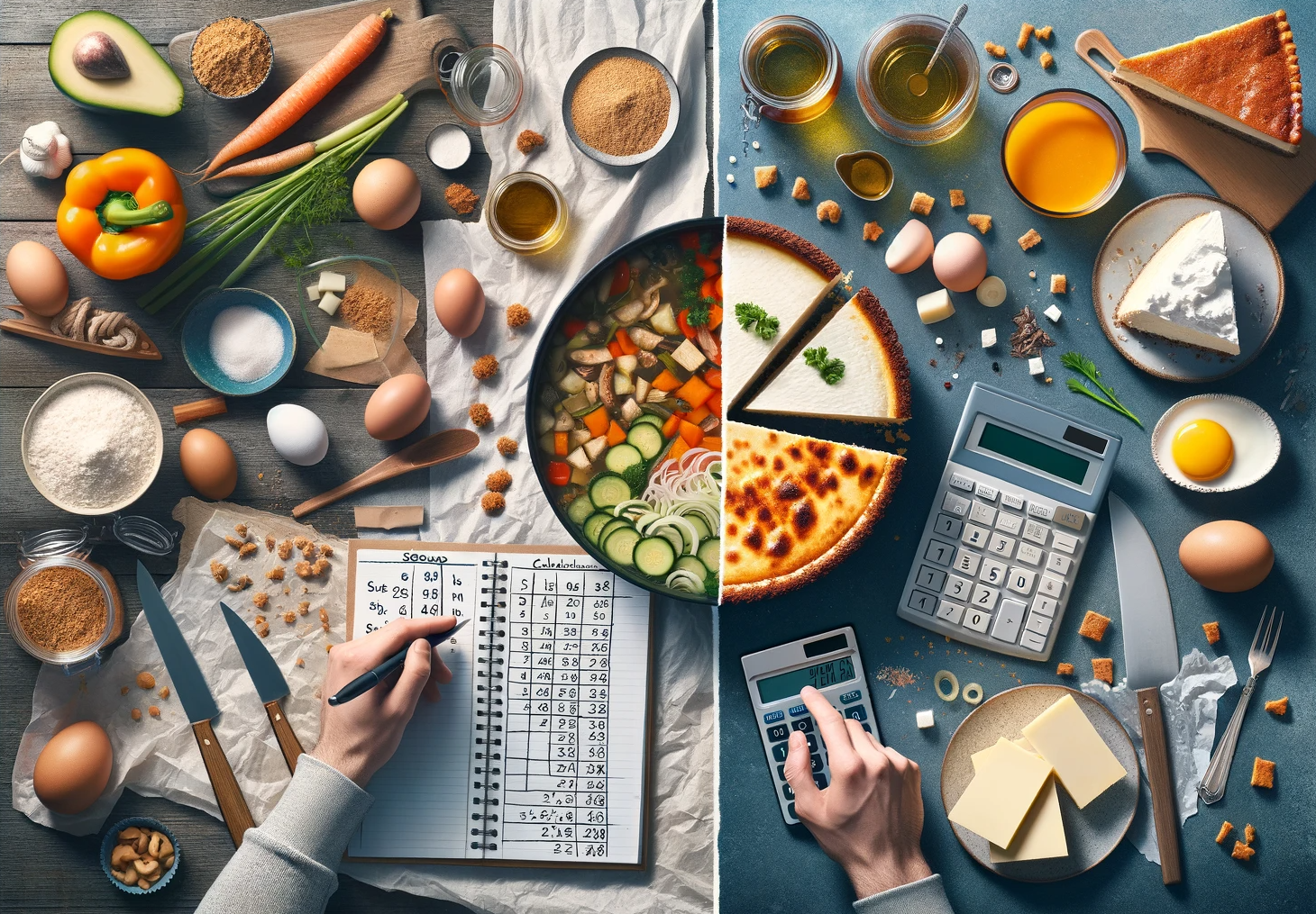 Collage with two culinary themes. On the left, there's a scene of a person calculating the calorie content of a homemade soup with a variety of ingredients like vegetables, meat, and broth. This person is using a calculator and a notepad in a kitchen setting with an array of soup ingredients displayed. The individual appears engaged in jotting down numbers thoughtfully. On the right, a different scene unfolds where another person is analyzing a cheesecake, working on breaking down its ingredients - cream cheese, sugar, eggs, and graham crackers - and calculating the calories and carbohydrates per slice. This part of the image shows a kitchen with a whole cheesecake, a knife set to slice it, alongside a notebook and a calculator, indicating a meticulous nutritional analysis.