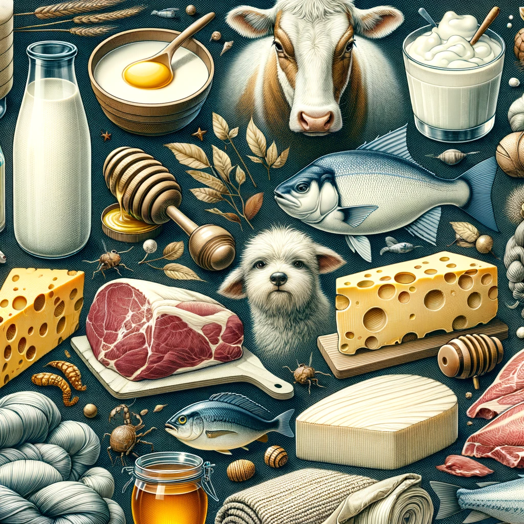 A collage displaying a variety of animal-derived products including dairy items like milk and cheese, various meats and poultry, fish, honey, and materials such as leather, wool, and silk. The arrangement artistically emphasizes their animal origins, with subtle background elements suggesting farms, fisheries, and textile industries