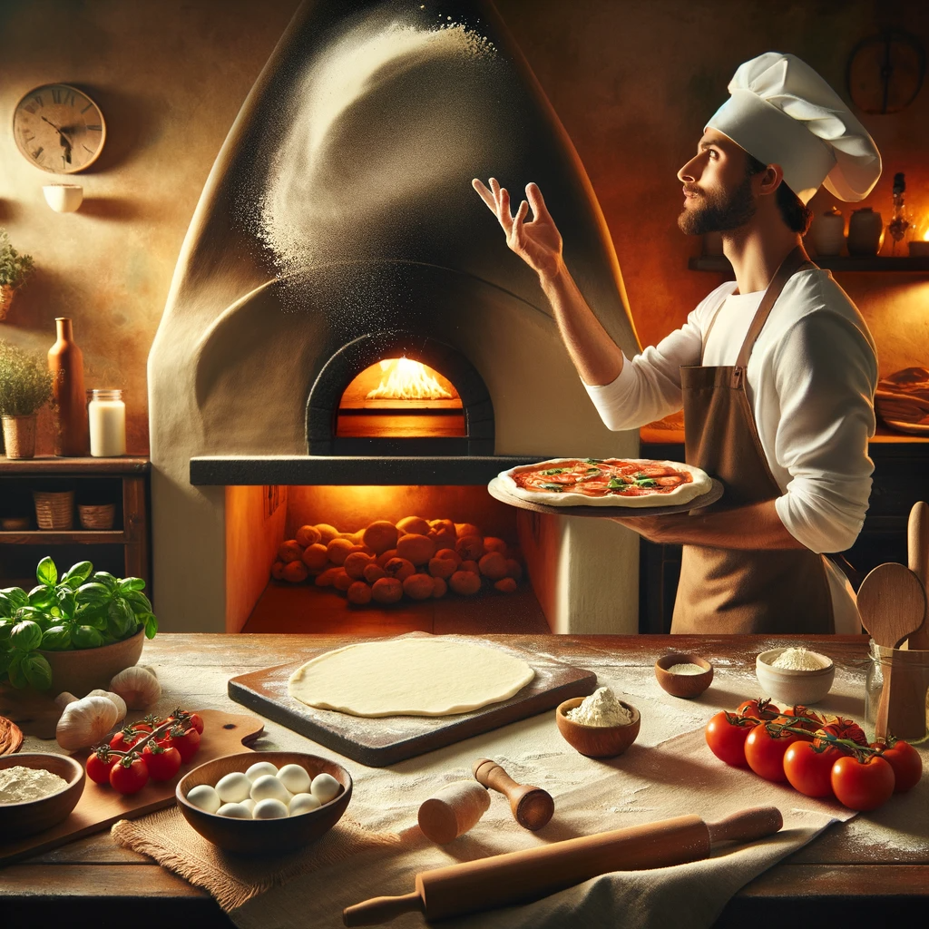 A cozy kitchen scene showing a chef in a white apron and black hat tossing pizza dough in the air, with ingredients like tomatoes, basil, cheese, and a rolling pin on a wooden table, and a stone pizza oven in the background