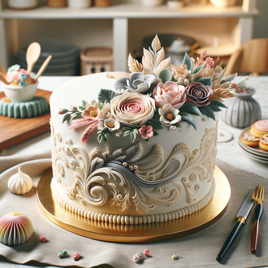 An elegant and artistic cake, beautifully decorated with intricate designs, sits on a table. The cake is adorned with advanced decorating techniques like sugar flowers, delicate piping, and vibrant fondant accents. In the cozy kitchen background, baking tools and ingredients are subtly displayed, aligning with the theme of 'Mastering Cake Art', all presented without any brand logos or references