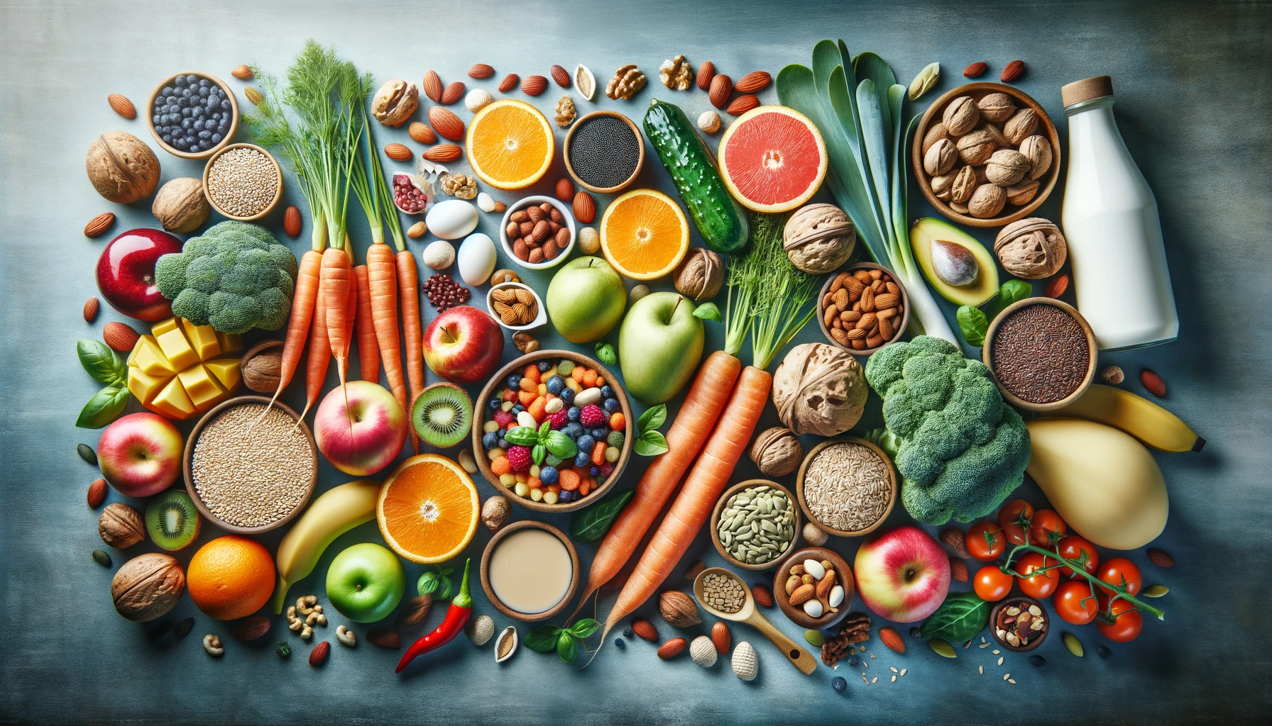 An array of healthy ingredients including fresh fruits, vegetables, whole grains, nuts, and seeds, artistically arranged in a clean, modern style. The composition highlights the natural colors and textures, emphasizing health and vitality, perfect for an article on healthy eating