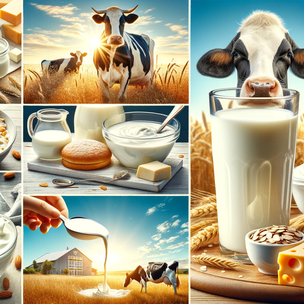 A collage depicting various aspects of milk. It includes a glass of milk, a cow in a sunny field, various dairy products like cheese and yogurt, and milk being poured into a bowl of cereal. There's also a small sign highlighting milk's nutritional benefits, such as calcium and vitamins. The backdrop is a rural landscape under a clear blue sky, with no brand logos or product names visible