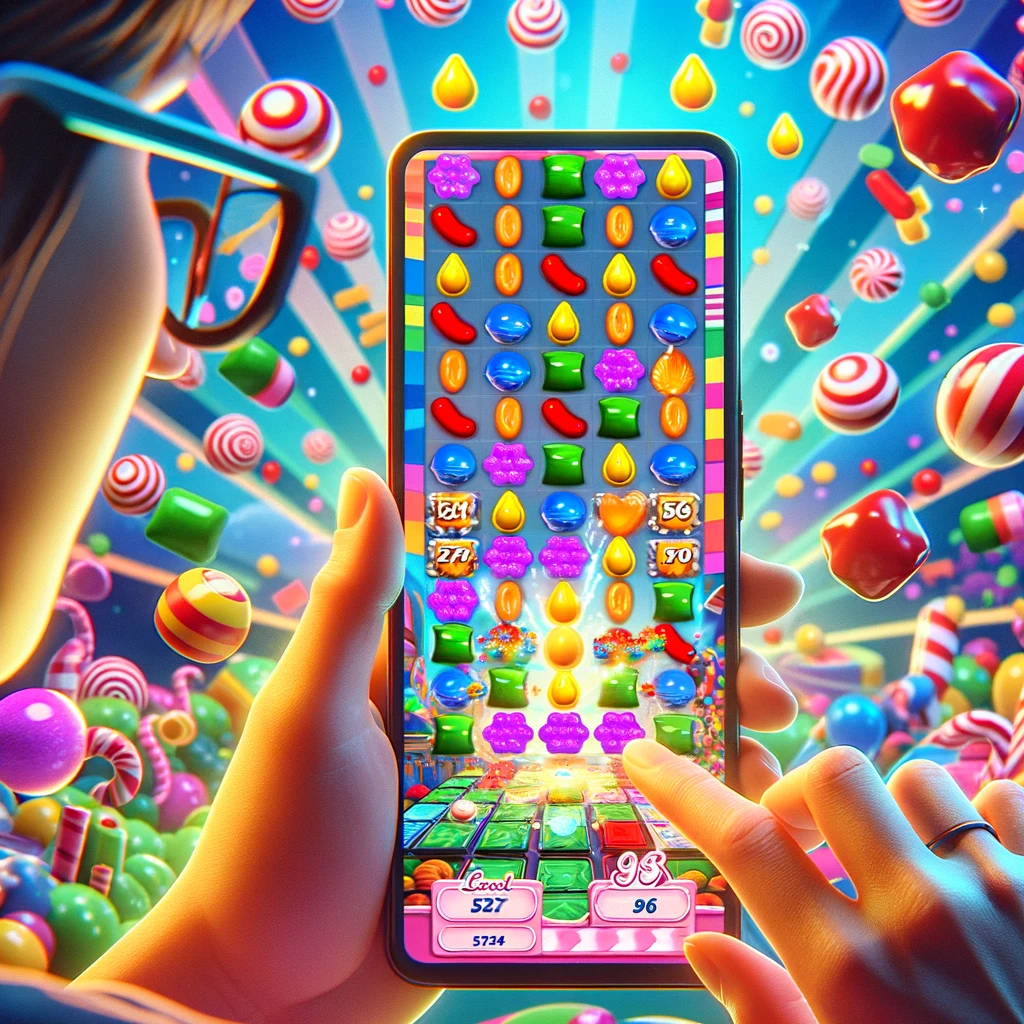 image that captures the essence of strategically playing Candy Crush Saga. It shows a player focused on the game, with various levels displayed on their smartphone, amidst a whimsical background of floating candies