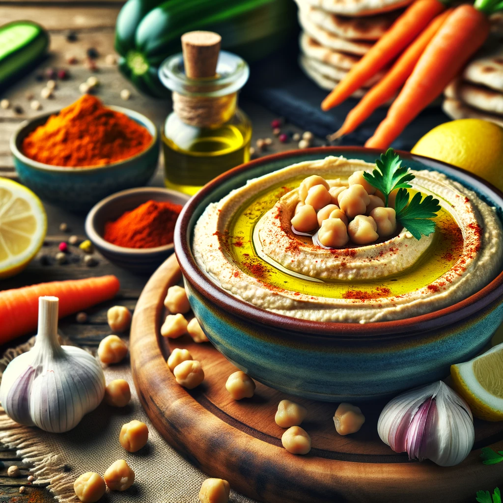 image that visually complements the article about hummus. It showcases a bowl of classic hummus garnished beautifully and is surrounded by fresh ingredients.