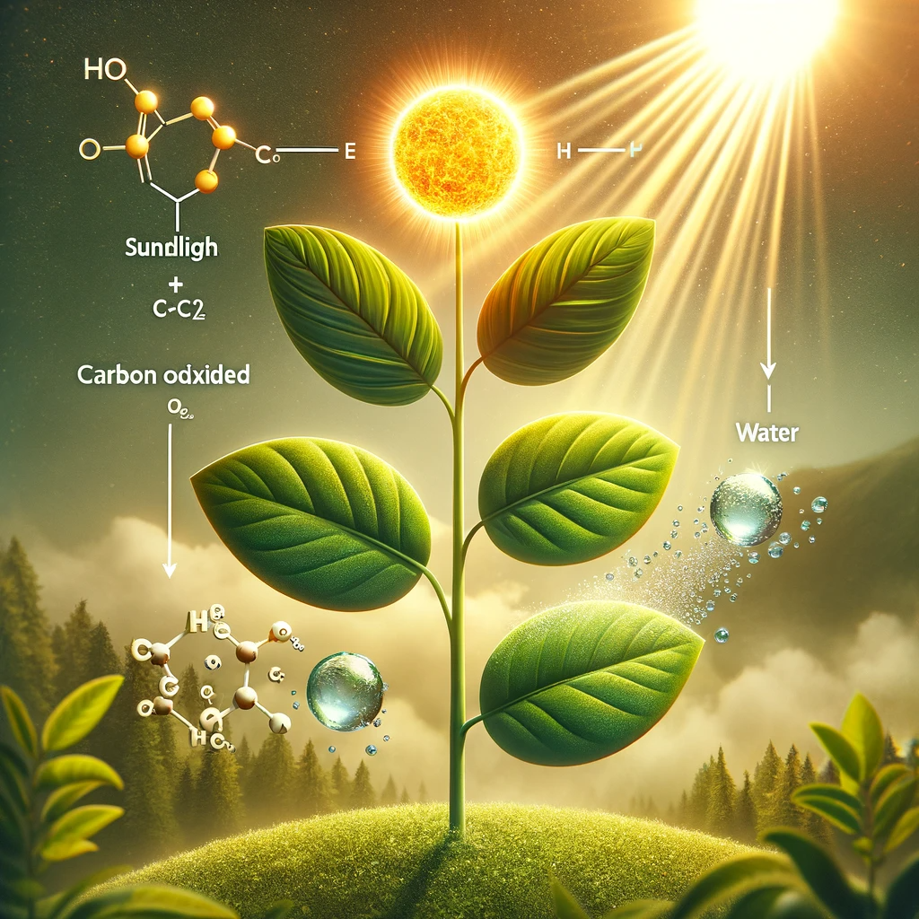 An educational illustration depicting the three main ingredients in photosynthesis. The image features a vibrant, healthy plant with broad leaves under the process of photosynthesis. Bright, golden rays of sunlight illuminate the plant from the top corner. Surrounding the plant are scientifically accurate representations of carbon dioxide and water molecules, each creatively and clearly labeled. The serene background suggests a natural, outdoor environment, enhancing the educational and aesthetic appeal of the image, suitable for an article on photosynthesis