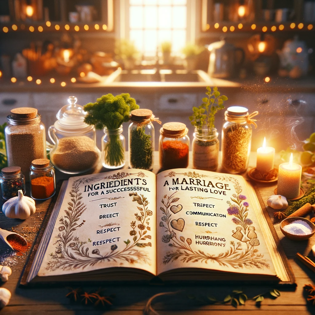 The image created depicts the metaphorical ingredients for a successful marriage, set in a rustic kitchen. In the foreground, an open recipe book titled 'Ingredients for a Successful Marriage: A Recipe for Lasting Love' is surrounded by symbolic ingredients such as trust, communication, respect, and humor, creatively represented. The cozy kitchen scene in the background enhances the theme of warmth and love. The overall composition is harmonious and inviting, embodying the essence of a nurturing relationship.