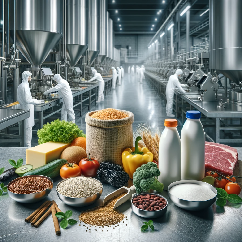 It features a modern industrial kitchen setting with a variety of raw ingredients and workers operating machinery in the background. This scene aims to capture the essence of high-tech and efficient food production