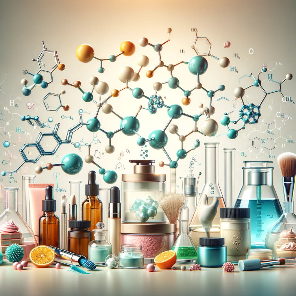 The image features a variety of cosmetic products such as creams, lotions, and makeup items, integrated with scientific elements like molecular structures, beakers, and test tubes. These items are arranged in a harmonious and balanced manner, symbolising the fusion of beauty and science. The background is neutral, emphasising the objects. The Chemistry Behind Cosmetic Ingredients.