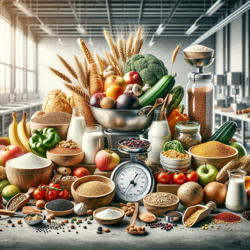 An assortment of essential food ingredients like grains, fruits, vegetables, dairy products, and spices neatly arranged on a kitchen counter with measuring tools like scales and cups. The setting is a modern industrial kitchen, emphasizing the theme of food manufacturing.