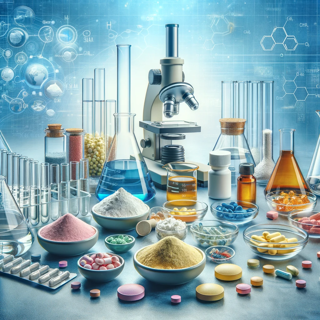 An assortment of pharmaceutical ingredients including powders, liquids, capsules, and tablets neatly arranged on a laboratory table. In the background, there are scientific tools such as beakers, test tubes, and a microscope, illustrating the meticulous process of pharmaceutical formulation. This scene highlights the importance of precision and care in the selection and combination of ingredients in the field of pharmaceuticals