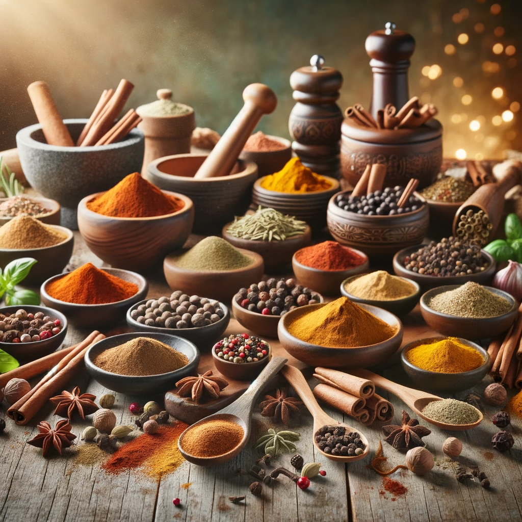 An artistic display of various spices and seasonings on a rustic wooden table. The assortment includes cinnamon sticks, nutmeg, cloves, peppercorns, turmeric, cumin, coriander, and cardamom, some in small bowls or on spoons. A mortar and pestle with ground spices, alongside fresh herbs like basil and rosemary, enhances the scene. The background is softly blurred, focusing on the spices, creating a warm, inviting atmosphere that suggests culinary creativity and flavor exploration