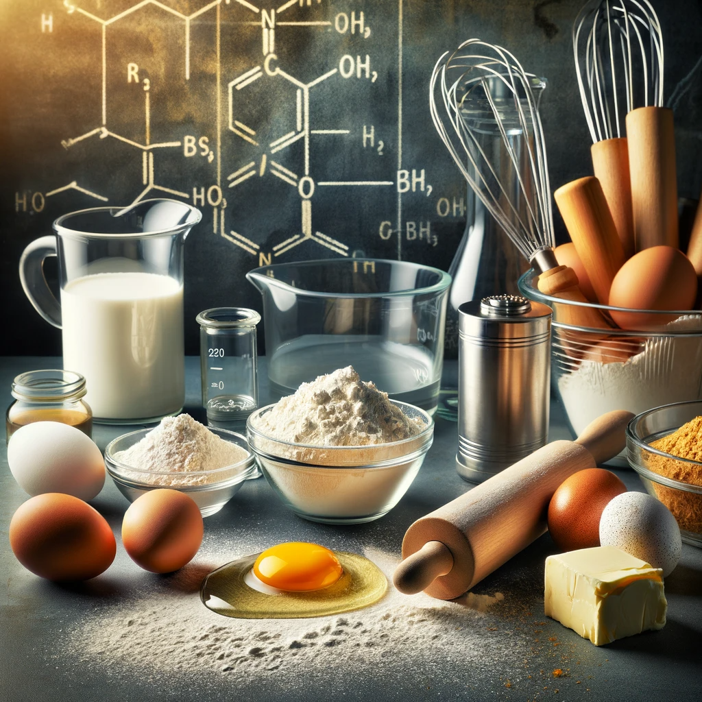 A cozy kitchen setting showcasing the art of baking with ingredients like flour, sugar, eggs, and butter neatly arranged on the counter. In the background, measuring cups, a whisk, and a bowl are visible, emphasizing the precise and scientific aspect of baking