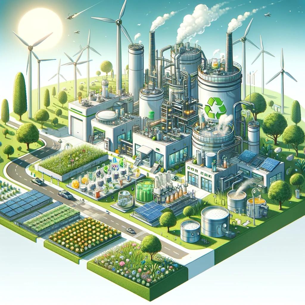 Illustration of a futuristic, eco-friendly manufacturing facility with green technologies such as solar panels and wind turbines. Surrounding the facility are various sustainable raw materials being processed, including organic plants, recycled materials, and biodegradable substances. The scene is set against a clean and green backdrop with a clear sky, symbolizing a pollution-free environment and encapsulating the essence of sustainable manufacturing and eco-friendly practices