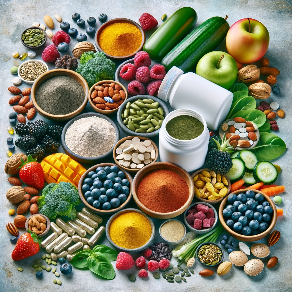 A colorful and vibrant display of health supplements, including capsules, tablets, and powders, arranged alongside a variety of nutrient-rich ingredients like berries, nuts, seeds, and green leafy vegetables. This composition emphasizes the natural sources of nutrients in the supplements and showcases the freshness and diversity of the ingredients