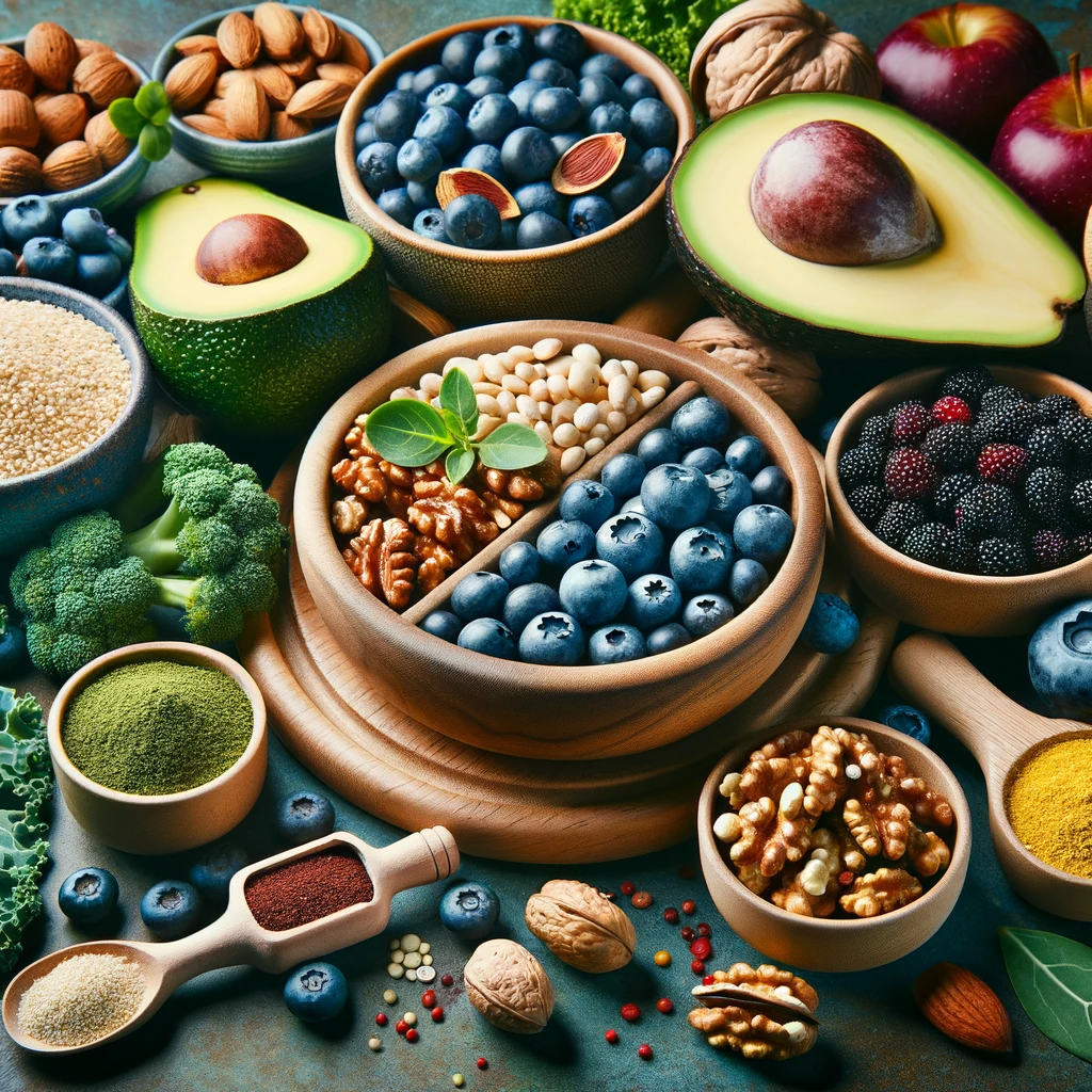 The image showcases a vibrant and artistic arrangement of various superfoods, including avocados, blueberries, kale, nuts, and quinoa. These ingredients are displayed in a naturally colorful and textured setting, possibly on a kitchen table or in a bowl, emphasizing their nutritional richness. The setting conveys a sense of wellness and the health benefits associated with these superfoods