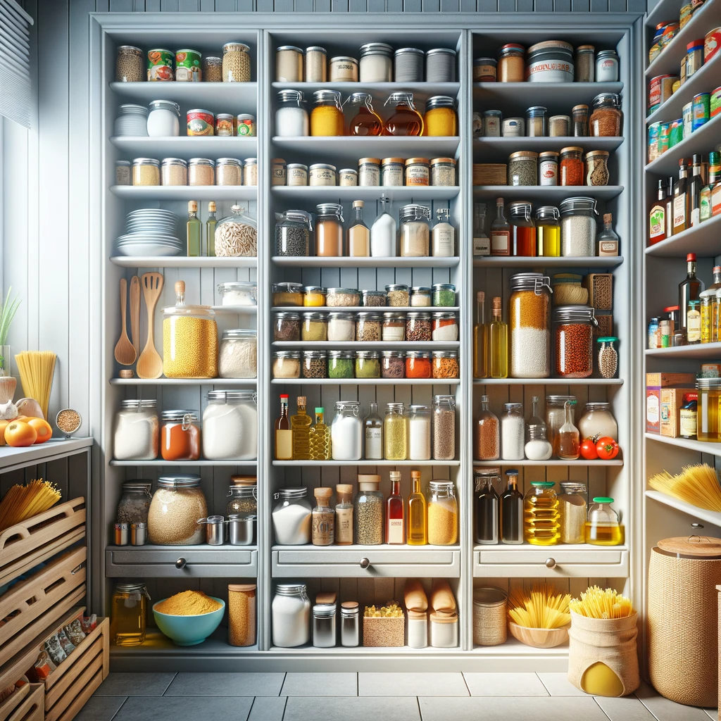 A well-organized, modern kitchen pantry filled with a variety of essential cooking ingredients. The shelves are stocked with spices, oils, flour, sugar, pasta, rice, and canned goods, all neatly arranged in a well-lit space, embodying the idea of a comprehensive home cook's pantry