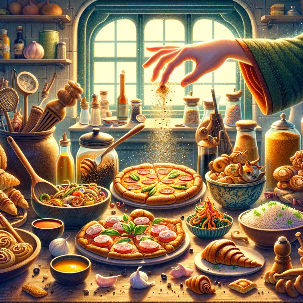 A whimsical illustration in a cozy, bustling kitchen setting. Various world-famous dishes like pizza, sushi, French pastries, and Indian curry are being prepared. Each dish is being enhanced with a unique, secret ingredient added by a magical hand in an exaggerated and enchanting manner. The kitchen is filled with an array of ingredients and cooking utensils, creating a warm and inviting atmosphere with soft lighting and rich colors, emphasizing the special and mysterious nature of these secret ingredients