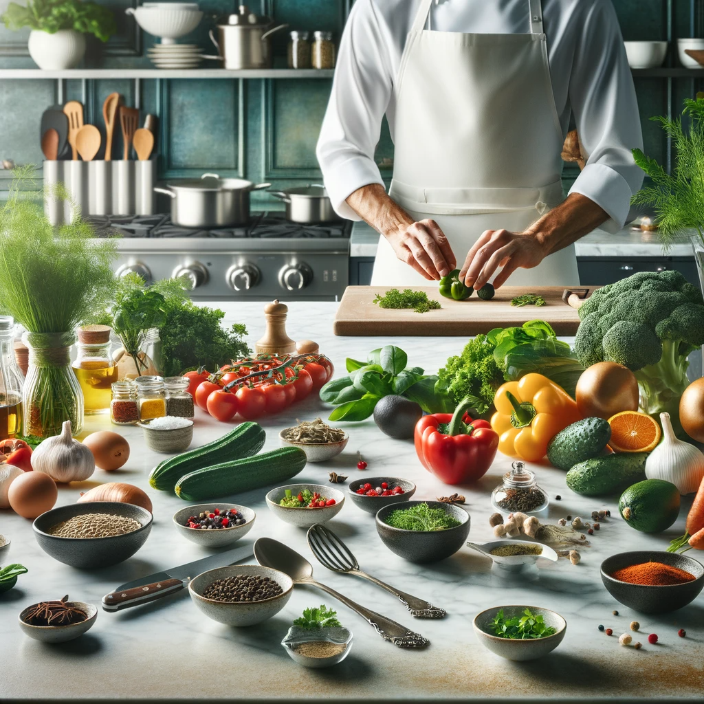 A bright and modern kitchen scene with a variety of fresh ingredients like herbs, spices, vegetables, and fruits neatly arranged on a marble countertop. In the background, a thoughtful chef in a white apron selects ingredients, illustrating the art of creating harmonious flavors in cooking. The setting includes kitchen utensils and cookware, portraying a professional culinary environment