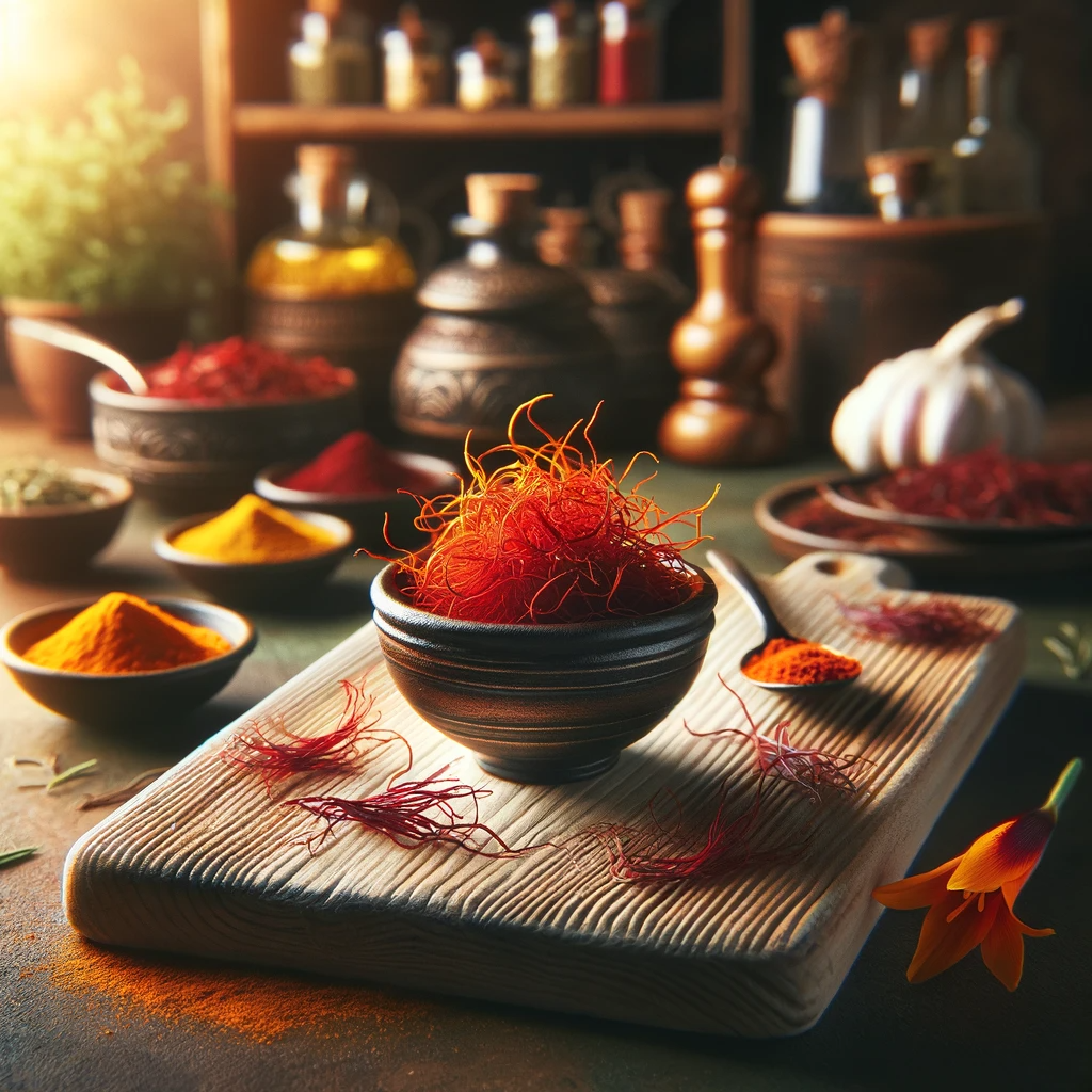 A beautifully arranged composition centered around Saffron, showcasing its vibrant red-orange strands in a small, elegant bowl. The background features a rustic kitchen setting with a variety of spices and herbs scattered artistically around, bathed in warm, natural lighting, emphasizing Saffron's rich history and culinary uses