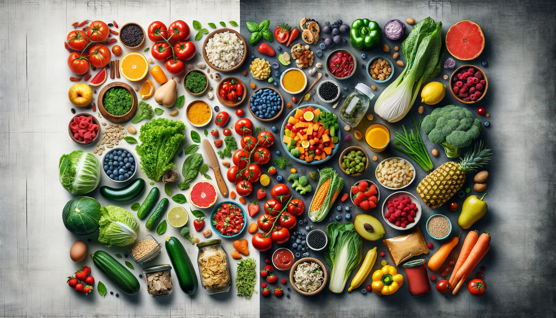 The image created illustrates the difference between organic and conventional ingredients. On the left, there is a vibrant display of organic fruits and vegetables, such as bright red tomatoes, leafy greens, and ripe berries. On the right, there's a contrasting array of conventional ingredients, including packaged foods, canned goods, and non-organic produce. This side of the image shows a noticeable difference in color and freshness compared to the organic side. The composition clearly differentiates the natural, wholesome appearance of the organic items from the more processed, less vibrant look of the conventional items, encouraging viewers to think about their choices in food ingredients