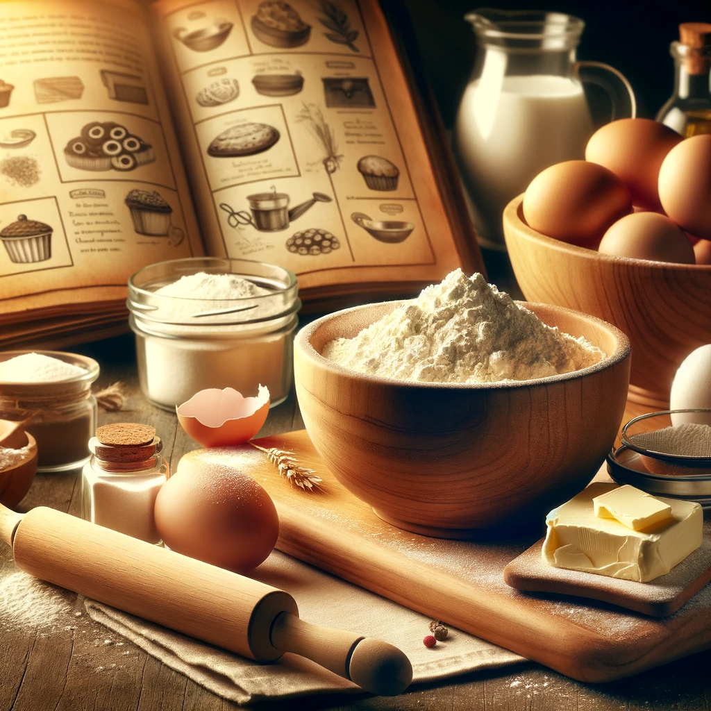 A cozy kitchen scene with a wooden countertop, featuring essential baking ingredients and tools. There's a mixing bowl, flour, eggs, sugar, butter, and a rolling pin arranged neatly. In the background, an open recipe book with illustrations, but no visible text, represents the process of learning baking skills. The warm lighting enhances the inviting atmosphere of the art of baking