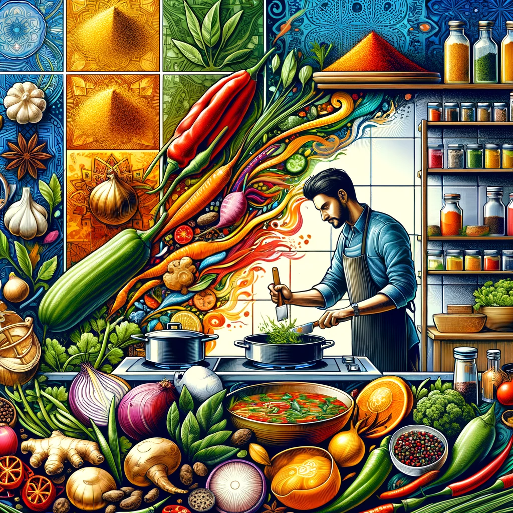 The image depicts a vibrant and colorful kitchen scene, illustrating the concept of global culinary fusion. In this lively kitchen, a chef is busy chopping fresh, exotic vegetables and herbs. Another section of the kitchen features a pot simmering with an aromatic stew, skillfully blending spices from various cultures. The background is adorned with shelves brimming with an assortment of spices, herbs, and ingredients from across the globe, including Asian ginger, Middle Eastern saffron, and South American chilies. The atmosphere is warm and welcoming, perfectly capturing the essence of mixing global ingredients to create unique and delicious cuisines