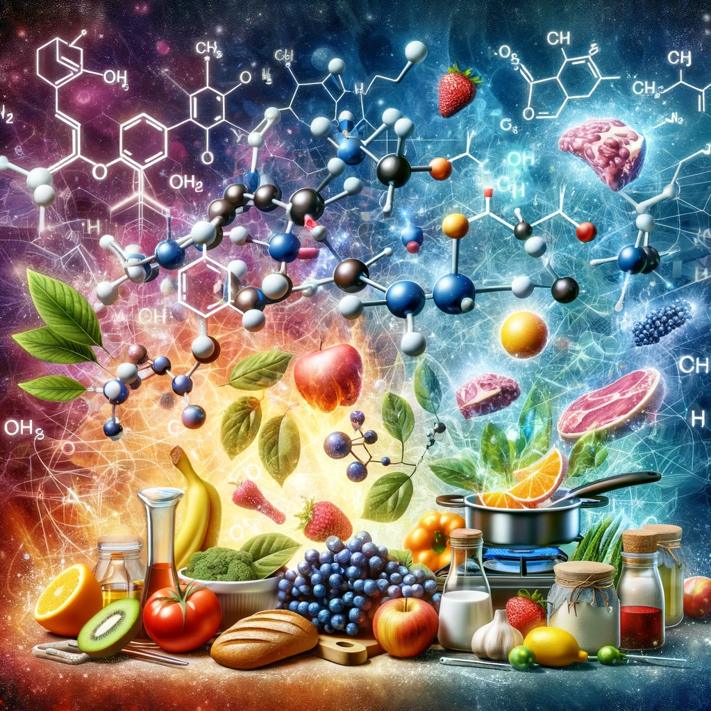 represents the science of food ingredients, showcasing the intricate relationship between chemistry and culinary arts. It illustrates molecular and chemical structures interwoven with a variety of foods like fruits, vegetables, meats, and dairy products, emphasizing how chemistry influences our culinary experiences. The image is vibrant and engaging, effectively capturing the fusion of science and cooking