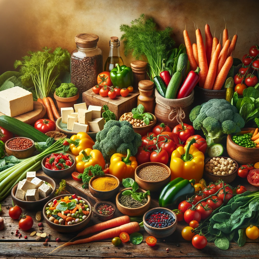 An array of colorful and diverse vegetarian ingredients displayed on a rustic wooden table, including fresh vegetables like bell peppers, carrots, tomatoes, and leafy greens, as well as plant-based proteins like tofu, tempeh, and legumes. The setting is a warm, home kitchen environment, with various herbs and spices scattered throughout, emphasizing the freshness, variety, and art of vegetarian cooking