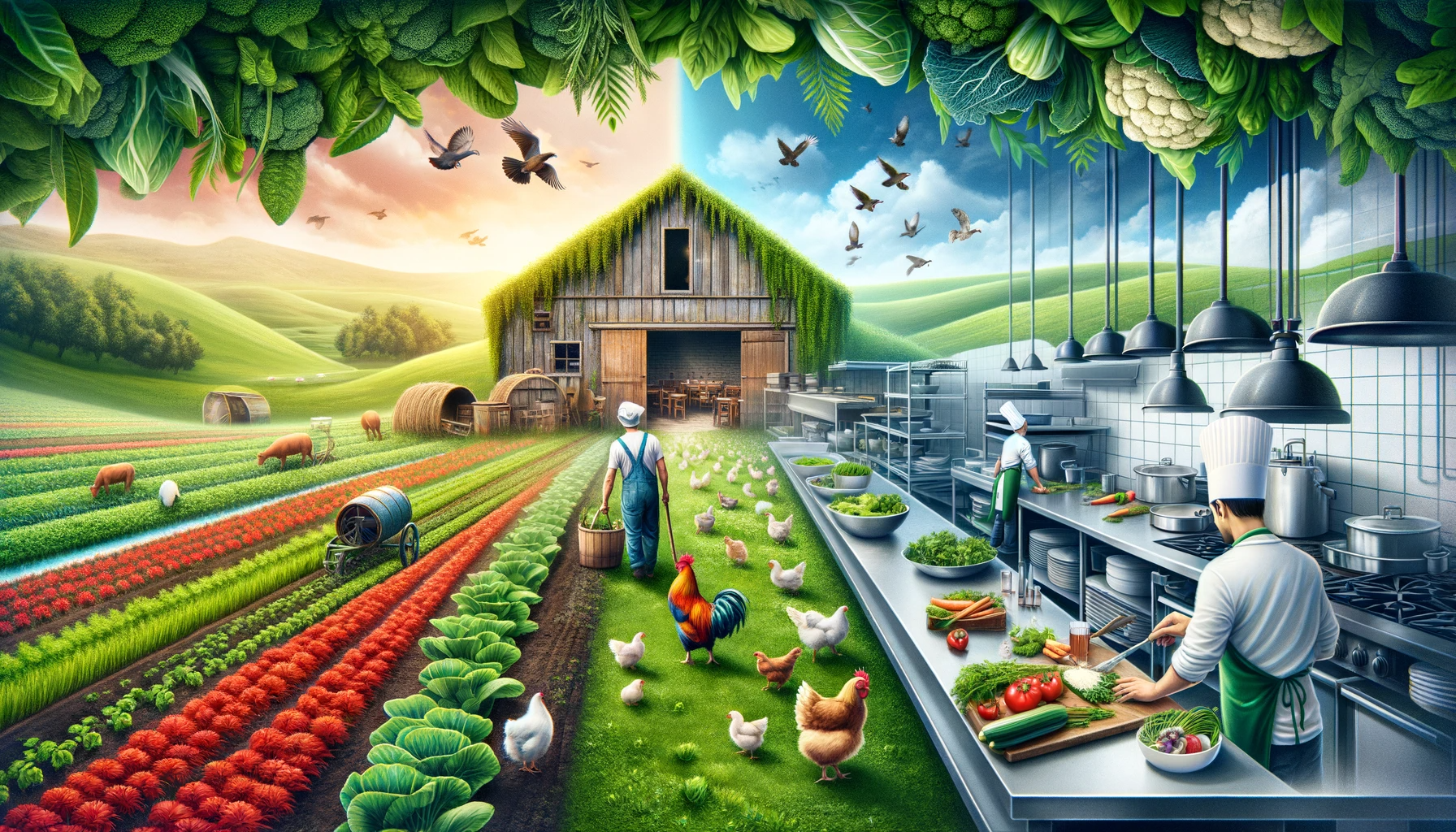 The image portrays a seamless transition from a pastoral farm scene to a vibrant restaurant kitchen. On the left, a lush farm is depicted with a variety of fresh vegetables growing, chickens foraging, and a farmer harvesting produce. The center of the image serves as a transition area where the fresh ingredients are being washed and prepared. On the right side, there's a professional restaurant kitchen scene, with chefs actively engaged in cooking and plating dishes. This illustration vividly captures the journey of fresh ingredients from the farm to the culinary world of a restaurant, emphasizing the farm-to-table concept.