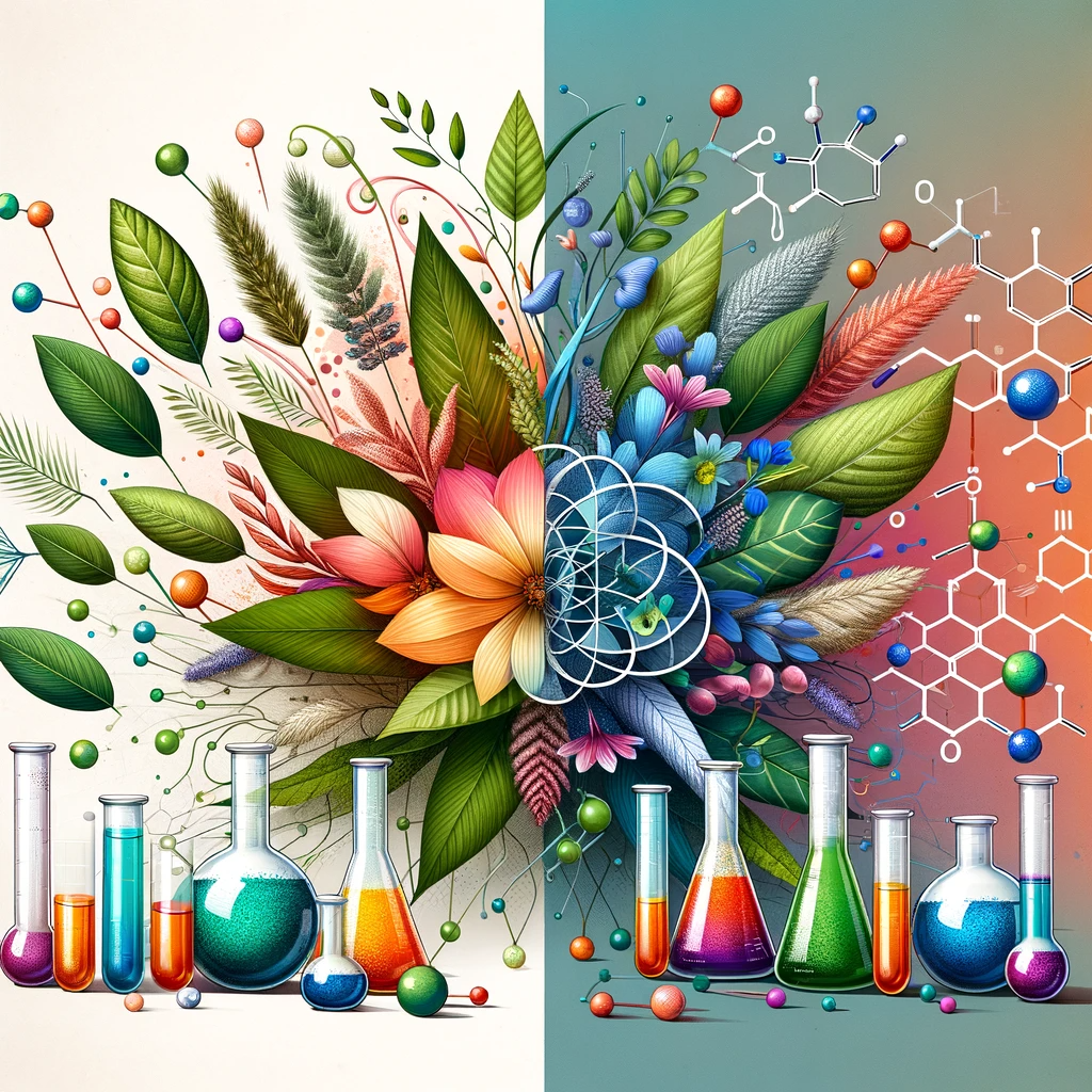 An abstract concept illustration showing the debate between natural and synthetic ingredients in the beauty industry. The left side of the image features natural elements such as leaves, flowers, and herbs, while the right side displays scientific items like beakers, test tubes with colorful liquids, and molecular structures, set against a neutral background to highlight the contrast