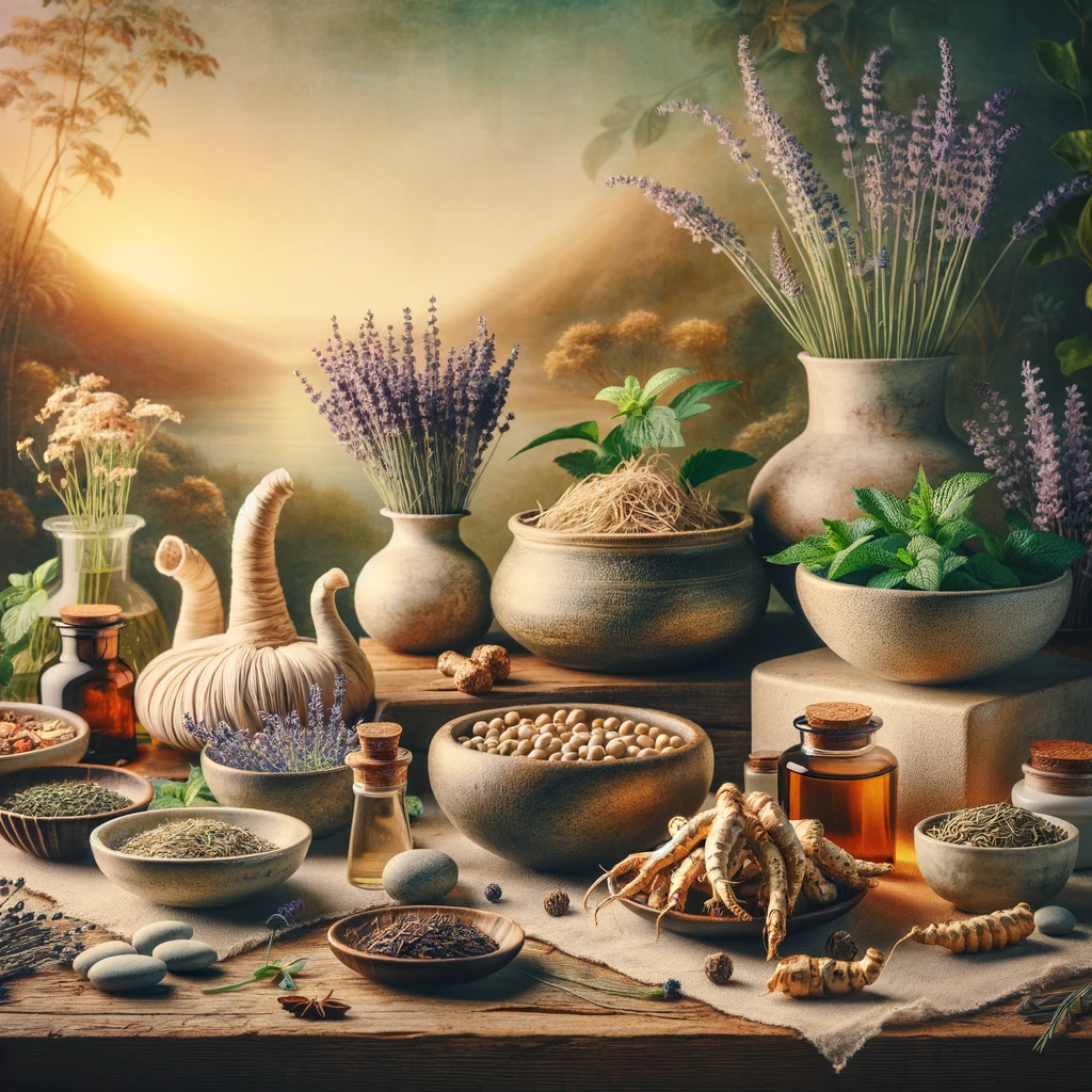 An artistic image displaying various herbs like lavender, chamomile, ginseng, and peppermint in small bowls and glass jars. The setting is calm and nature-inspired, with soft, warm lighting, embodying the tranquility and ancient wisdom of herbal medicine