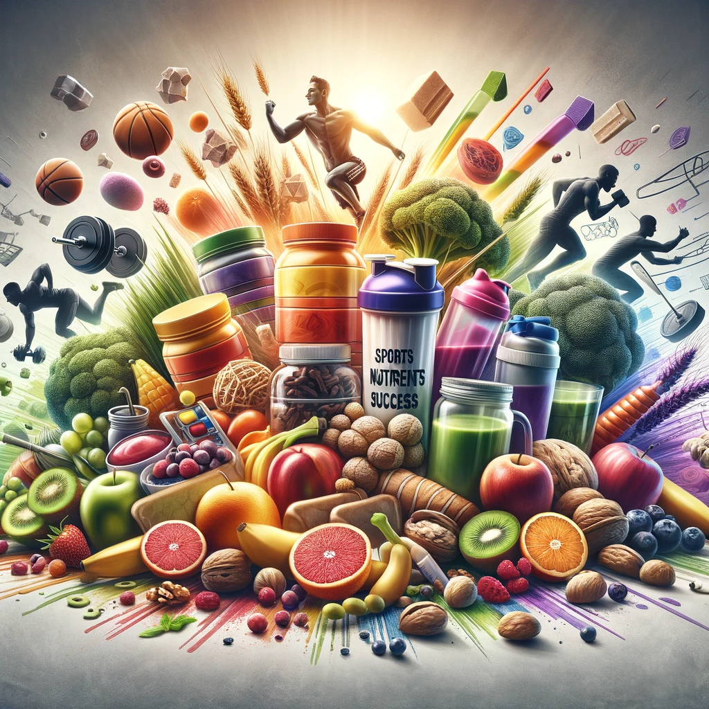 It features a variety of sports nutrition products like protein bars, shakes, and supplements, arranged artistically. These products are surrounded by fresh fruits, vegetables, and nuts, symbolizing healthy eating. In the background, there are subtle silhouettes of athletes in action - running, lifting weights, and cycling, highlighting the connection between nutrition and sports performance. The composition is vibrant, dynamic, and inspiring, emphasizing the importance of balanced nutrition for athletic success.