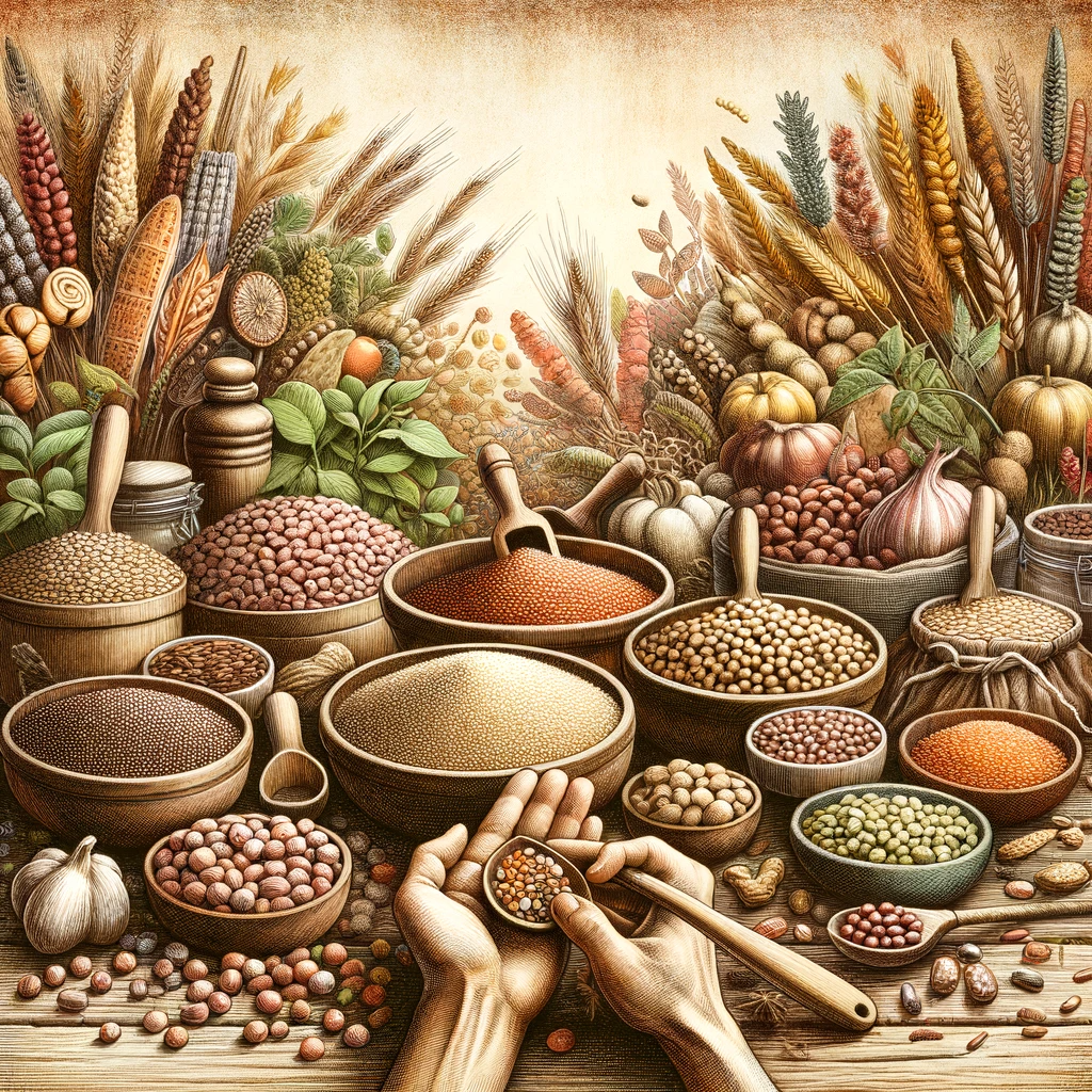 An artistic illustration representing the theme of rediscovering ancient grains and legumes. It features a variety of ancient grains and legumes like quinoa, amaranth, spelt, and lentils, displayed in a vibrant and abundant setting. These ingredients are arranged on a rustic wooden table in an old-style kitchen, emphasizing a connection with tradition and history. Some grains and legumes are being held or sorted by hands, symbolizing a sense of rediscovery and appreciation. The image radiates a warm and inviting atmosphere, highlighting the richness and diversity of these ancient, nutritious ingredients.