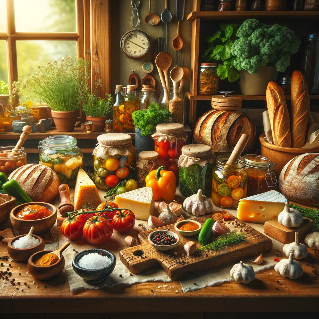 A rustic, inviting kitchen scene showcasing a variety of artisanal ingredients. The composition includes fresh vegetables like heirloom tomatoes, garlic, and herbs, along with artisanal bread, cheeses, and a wooden cutting board. There are glass jars filled with homemade preserves and pickles, a mortar and pestle with spices, and a small bowl of artisanal sea salt. The kitchen has a warm, homey feel with wood accents, a window with natural light, and a hint of a garden outside, embodying a cozy, homemade atmosphere