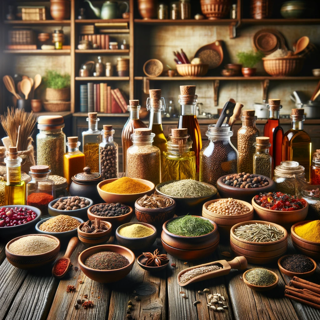 A variety of unique and specialty ingredients spread out on a rustic wooden kitchen table. The array includes exotic spices, rare herbs, unique grains, and specialty oils, each in their own small containers or neatly arranged piles. In the warm, cozy background, a kitchen setting is visible, with shelves adorned with cookbooks and various kitchen utensils, creating a homely and inviting atmosphere. This image encapsulates the exploration and utilization of specialty ingredients in culinary adventures