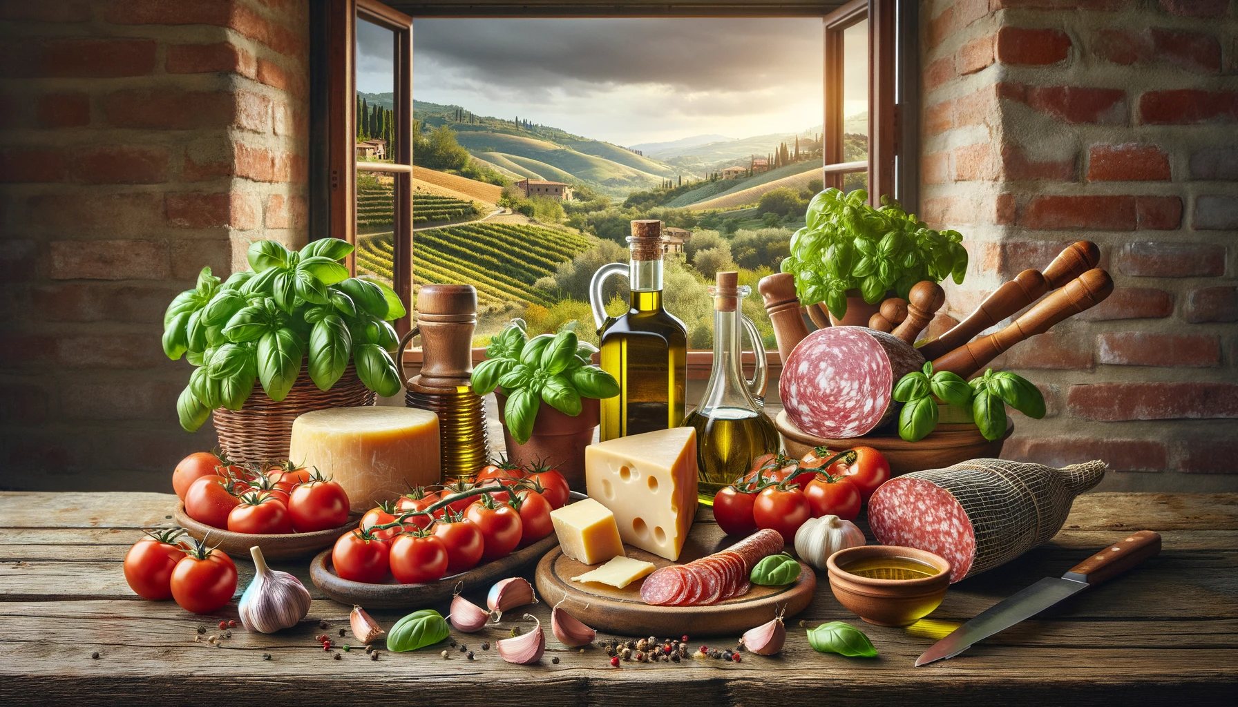 A variety of Italian cuisine ingredients are spread out on a rustic wooden table, including fresh basil leaves, ripe tomatoes, garlic cloves, a wheel of Parmesan cheese, olive oil, and cured meats like prosciutto and salami. The scene is set in a traditional Italian kitchen with terracotta tiles and wooden beams, and a window in the background offers a picturesque view of an Italian landscape with rolling hills and a vineyard. The image embodies the warmth and authenticity of Italian cooking
