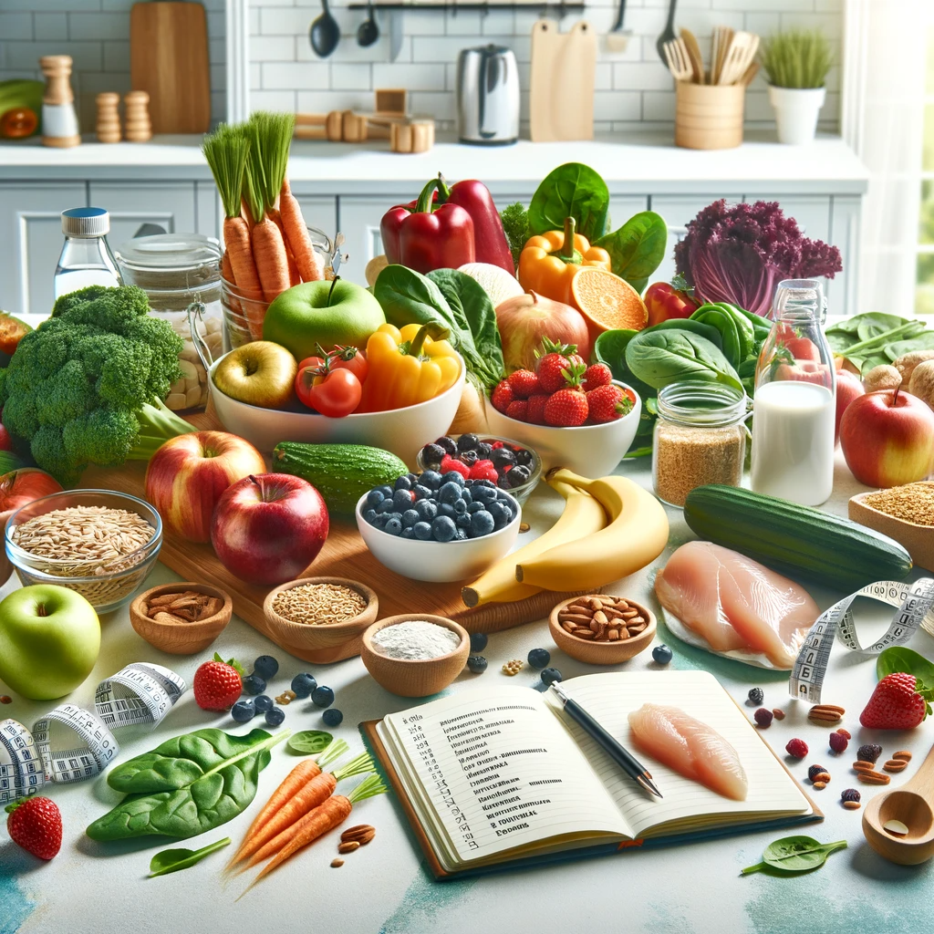 An educational image displaying a variety of healthy ingredients laid out on a kitchen table, symbolizing the role of these ingredients in weight management and nutrition. The scene includes fruits such as apples and berries, vegetables like spinach and carrots, whole grains, and sources of lean protein like chicken and fish. Additionally, there's a measuring tape, a water bottle, and a notebook containing nutritional information, all set against the backdrop of a bright, clean kitchen. The image emphasizes a healthy lifestyle without any visible logos or specific product brands.