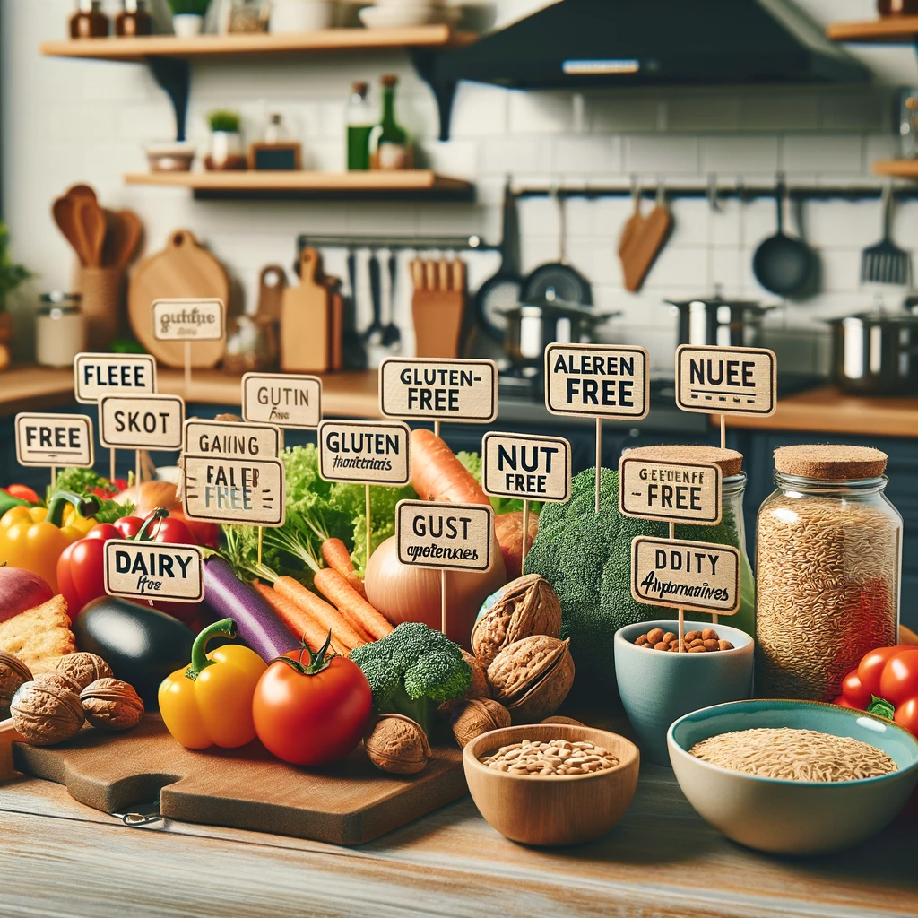 The image created is a kitchen scene featuring a variety of allergen-free ingredients. It includes colorful vegetables, gluten-free grains, and dairy-free alternatives neatly arranged on a kitchen counter. There are labels identifying the allergen-free properties, such as 'gluten-free', 'nut-free', and 'dairy-free'. The kitchen is modern and well-lit, emphasizing a healthy and safe cooking environment.