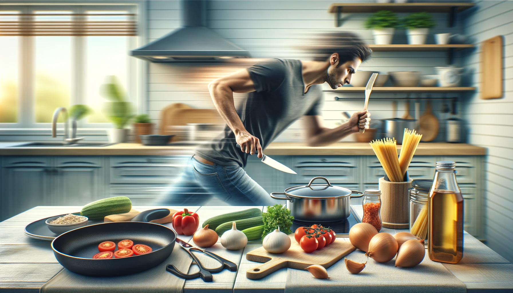 The image depicts a kitchen scene with a person efficiently preparing a meal. They are in a modern kitchen, using simple cooking tools like a frying pan and a cutting board. The individual is chopping vegetables swiftly, and a pot is boiling on the stove. Basic ingredients such as tomatoes, onions, and pasta are visible, emphasizing the theme of quick and simple cooking. The bright and lively setting underscores the urgency and efficiency of cooking on a tight schedule