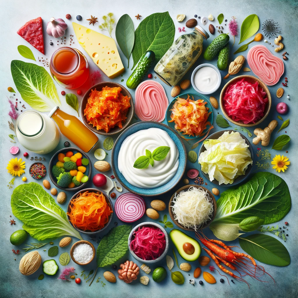 An array of colorful fermented foods including kimchi, yogurt, kombucha, and sauerkraut, artistically presented with natural leaves and herbs, symbolizing the health benefits of fermented ingredients for gut health