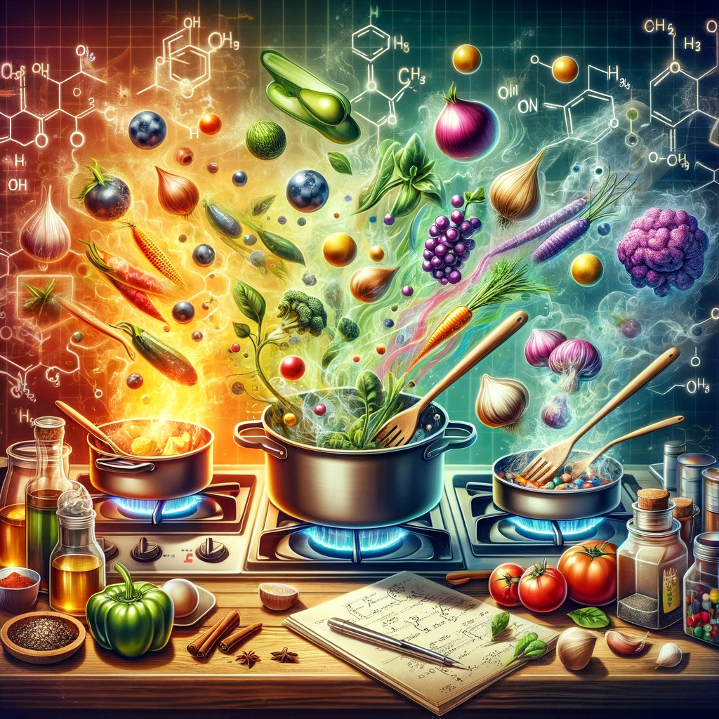 features a kitchen scene with a stove, pots, and pans, where various ingredients like vegetables, meats, and spices are transforming through the application of heat. This transformation is visually represented by steam and bubbles. Importantly, the image emphasizes the molecular changes occurring during cooking, with stylized atoms and molecules intertwining with the food items. The overall composition is colorful and vibrant, effectively illustrating the fusion of culinary art and science.