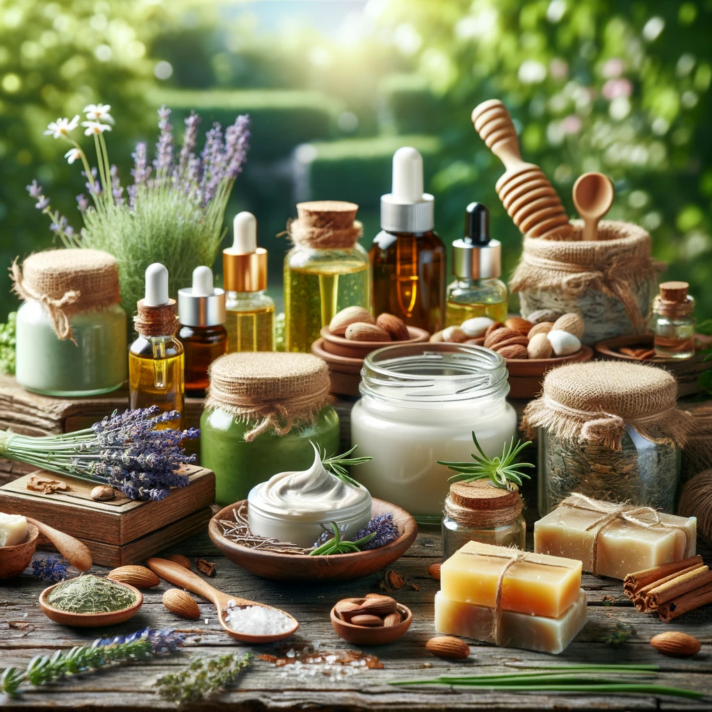 The image shows an assortment of homemade beauty products arranged on a rustic wooden table. These include jars of natural face creams, bottles of herbal oils, and bars of organic soap, crafted from ingredients like aloe vera, coconut oil, and lavender. The background features a blurred garden setting with green plants, emphasizing the organic and natural theme of the products. This scene conveys a sense of handcrafted, eco-friendly beauty care