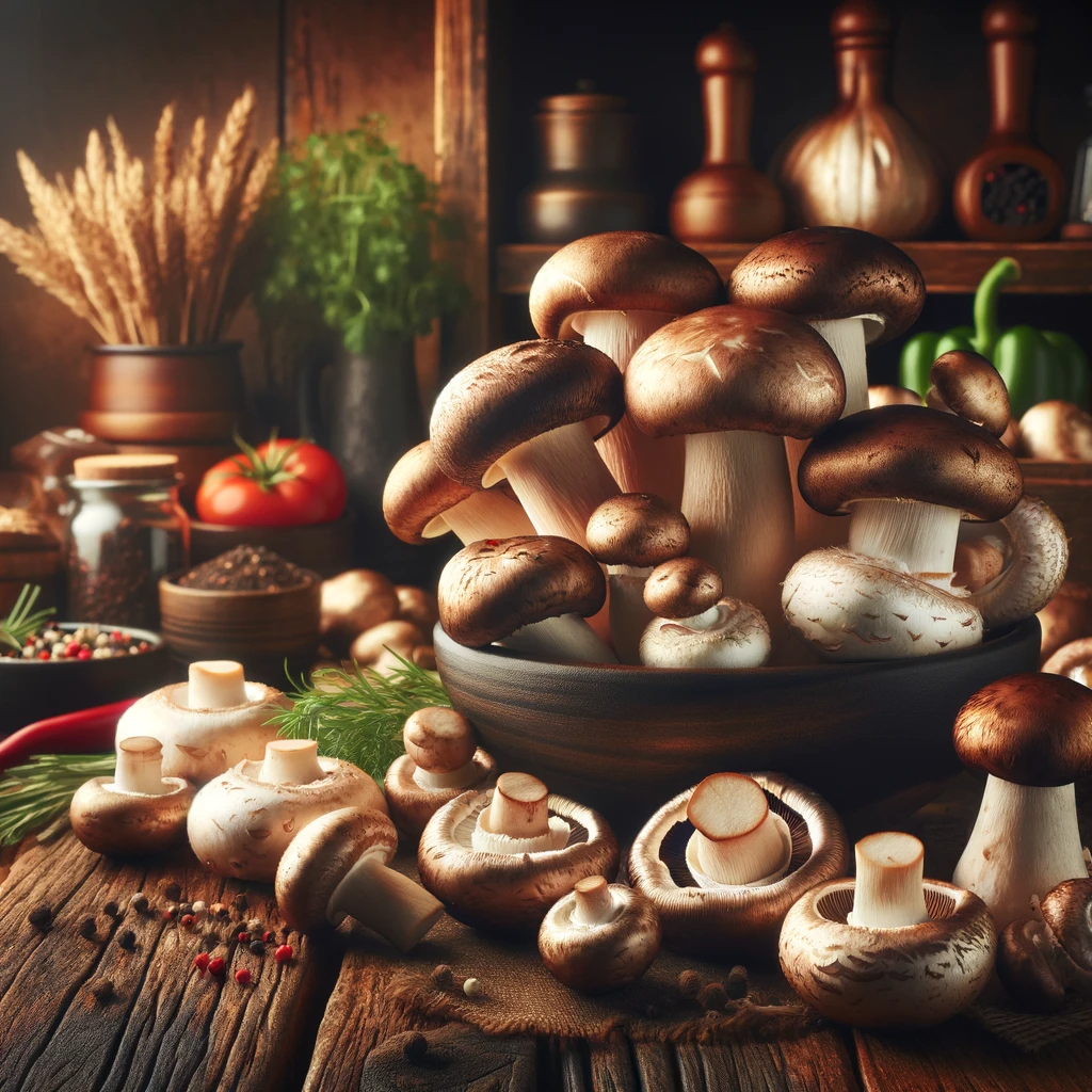 Rustic kitchen scene with a variety of mushrooms on a wooden table, surrounded by meat-free cooking ingredients, conveying the importance of mushrooms in vegetarian recipes