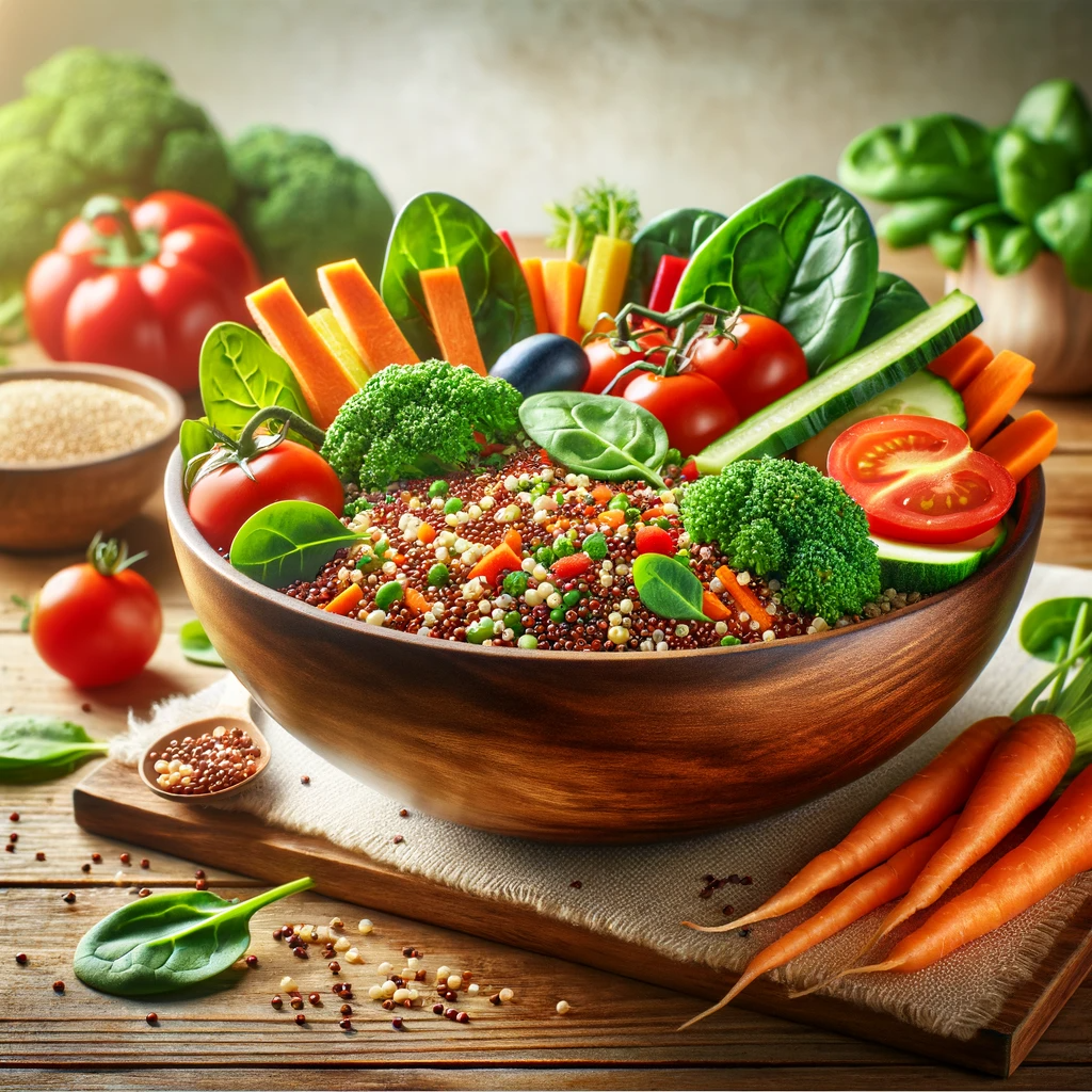 The image depicts a colorful and vibrant bowl filled with a nutritious mix of quinoa and various vegetables. It includes ingredients like tomatoes, spinach, carrots, and others, all mixed with quinoa, presenting a healthy and appetizing appearance. The bowl is placed on a wooden table against a modern, clean background, emphasizing the freshness and organic nature of the meal. This composition effectively conveys the themes of health, vitality, and a vegetarian lifestyle, aligning with the focus of the article on quinoa in vegetarian cooking