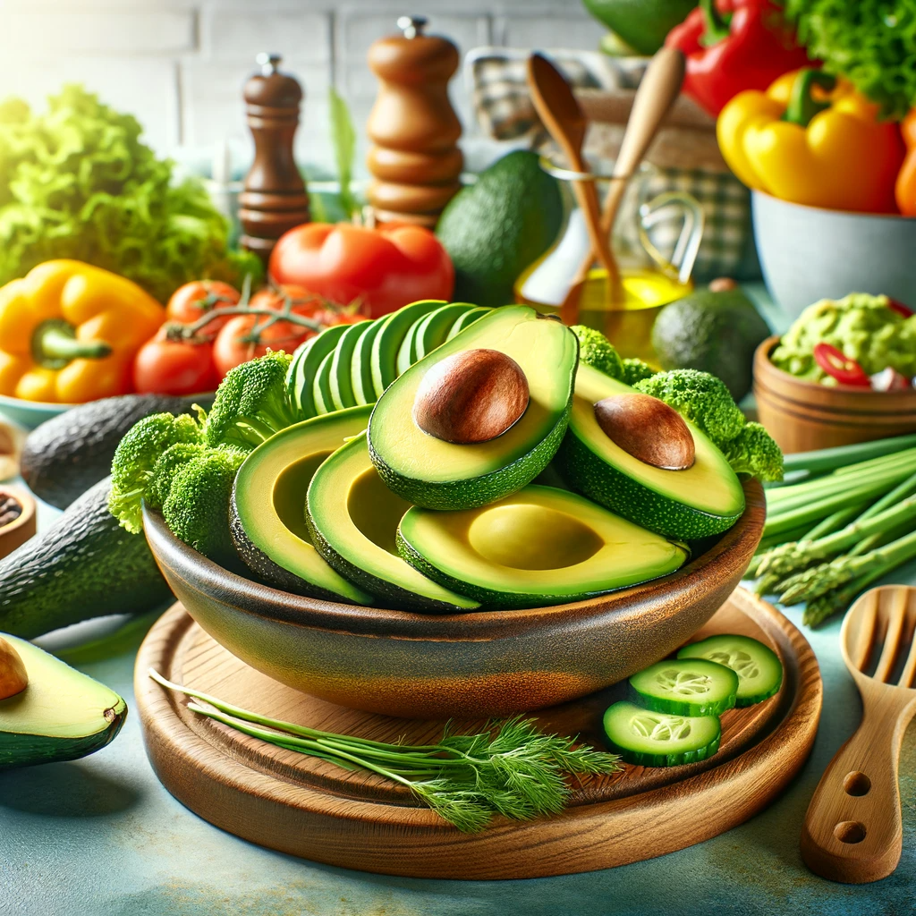 A colorful and appetizing vegetarian dish featuring sliced avocados as the central ingredient, surrounded by various fresh vegetables in a bright, modern kitchen setting, highlighting the creamy and healthy qualities of avocados in vegetarian cooking