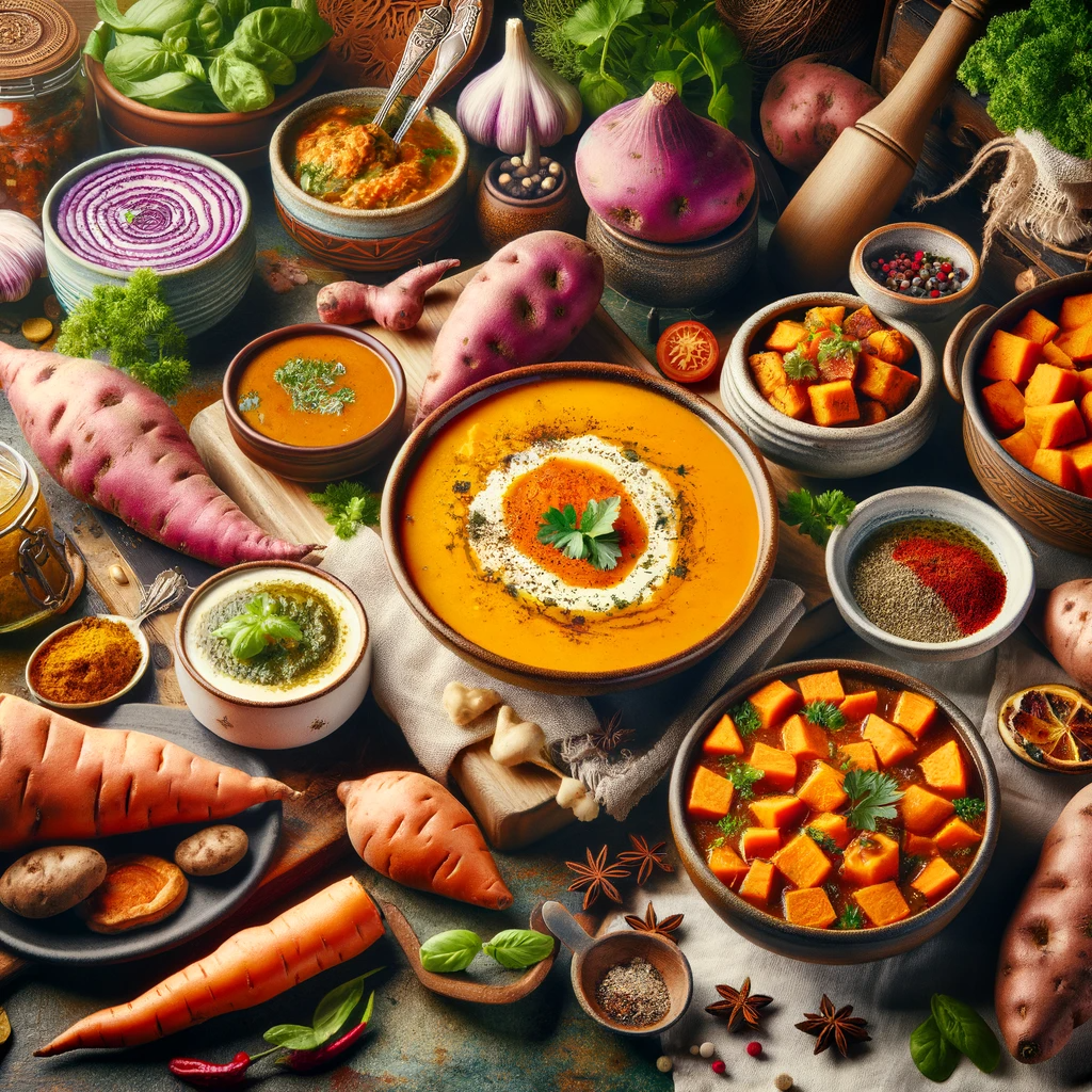 The image depicts a vibrant and colorful kitchen scene showcasing a variety of vegetarian dishes made with sweet potatoes. These include a creamy sweet potato soup, a spicy sweet potato curry, roasted sweet potatoes with herbs, and a sweet potato pie. The kitchen counter is adorned with fresh ingredients like herbs, spices, and vegetables, emphasizing the vegetarian theme. The setting is bright and inviting, with a focus on the sweet potato dishes, showcasing their versatility in vegetarian cooking.