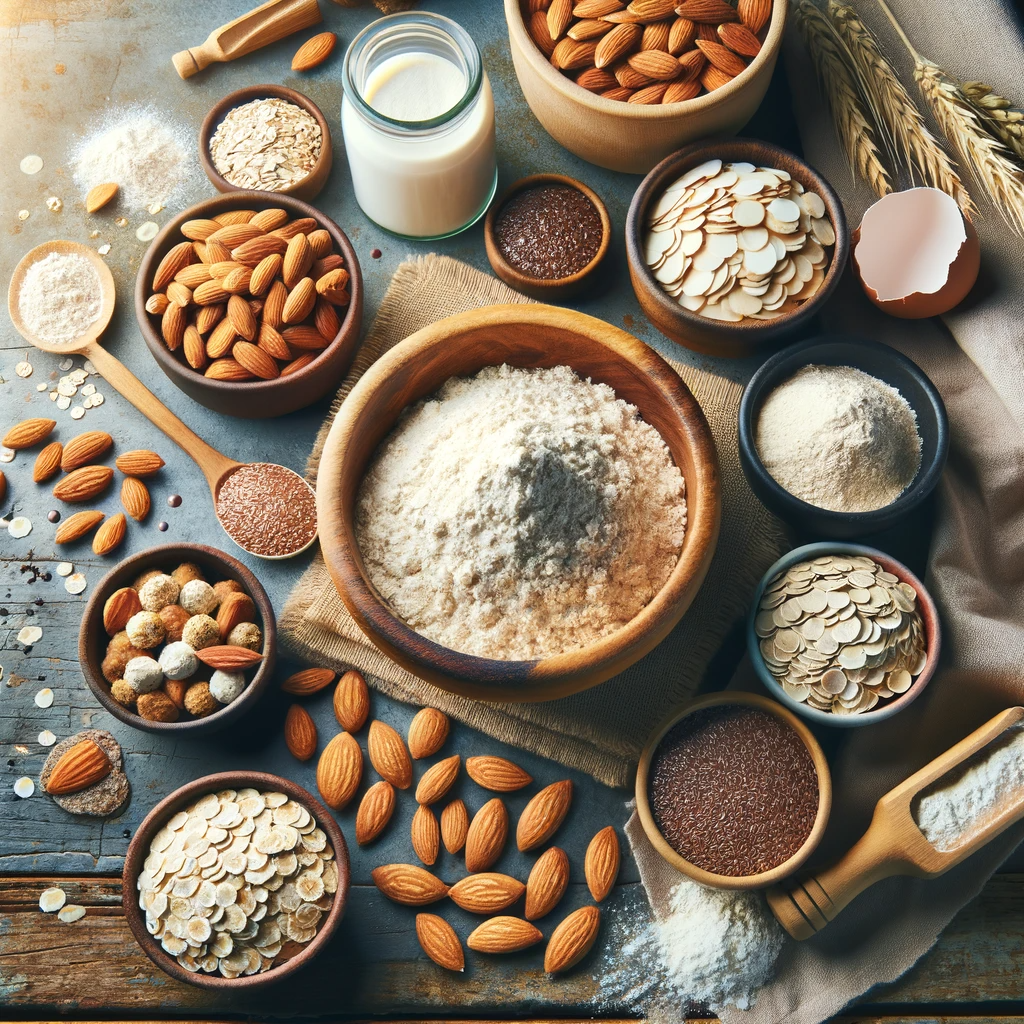 image shows a variety of gluten-free baking ingredients artistically arranged in a rustic kitchen setting. A wooden bowl in the center is filled with a blend of almond flour, coconut flour, oats, and flaxseeds. Around it, small piles of each individual ingredient are neatly placed. The background, featuring wooden surfaces and a warm, cozy kitchen ambiance, highlights the theme of healthy, homemade baking. No logos or brand-specific items are visible, focusing solely on the natural ingredients