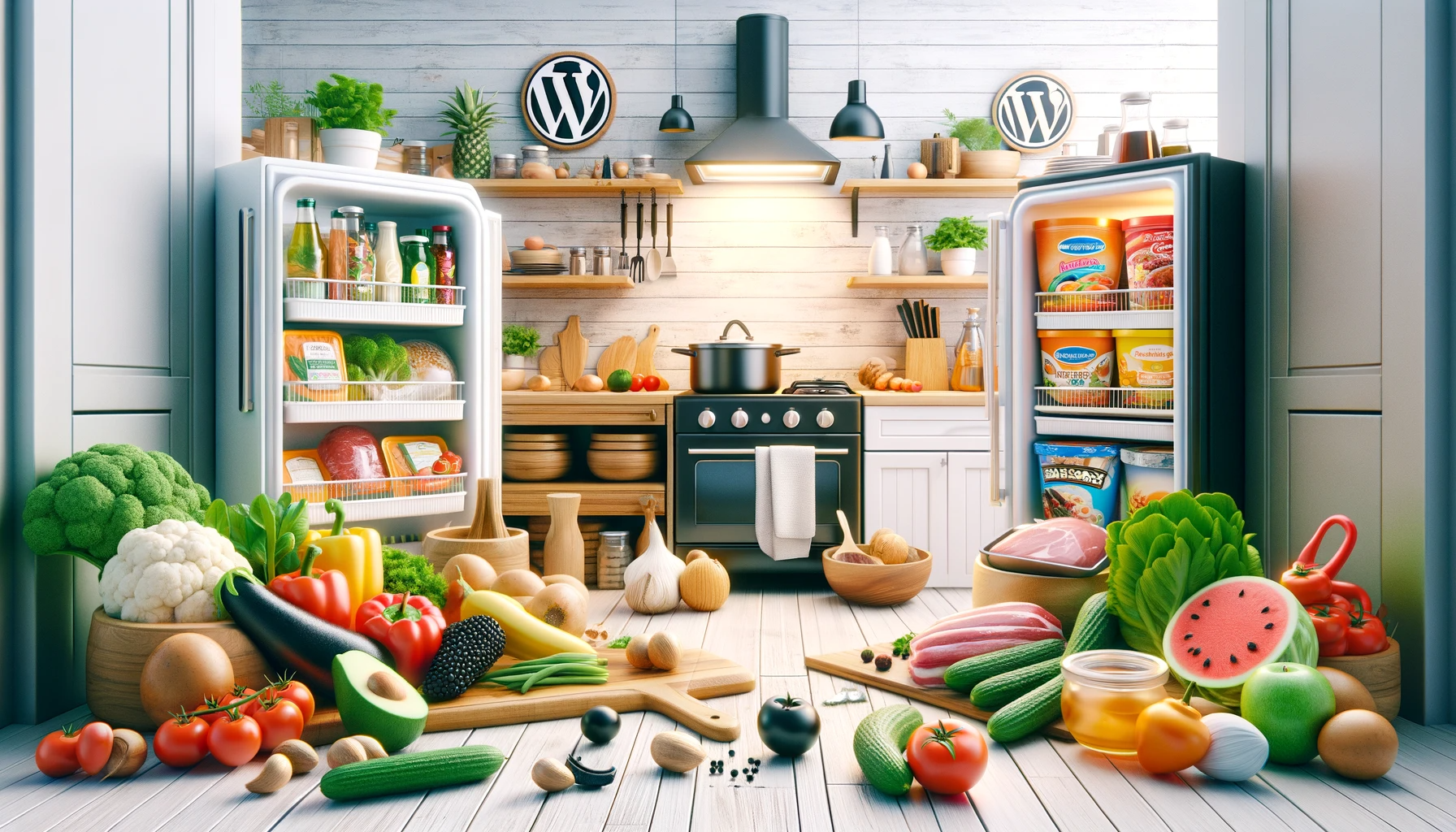 The image depicts a kitchen scene, illustrating the contrast between fresh and frozen ingredients. On one side, there are fresh ingredients like vegetables, fruits, and herbs, while on the other side, there are frozen foods such as packaged vegetables, frozen meat, and ice cream. The kitchen looks modern and welcoming, with a bright and colorful ambiance, highlighting the differences between cooking with fresh versus frozen ingredients