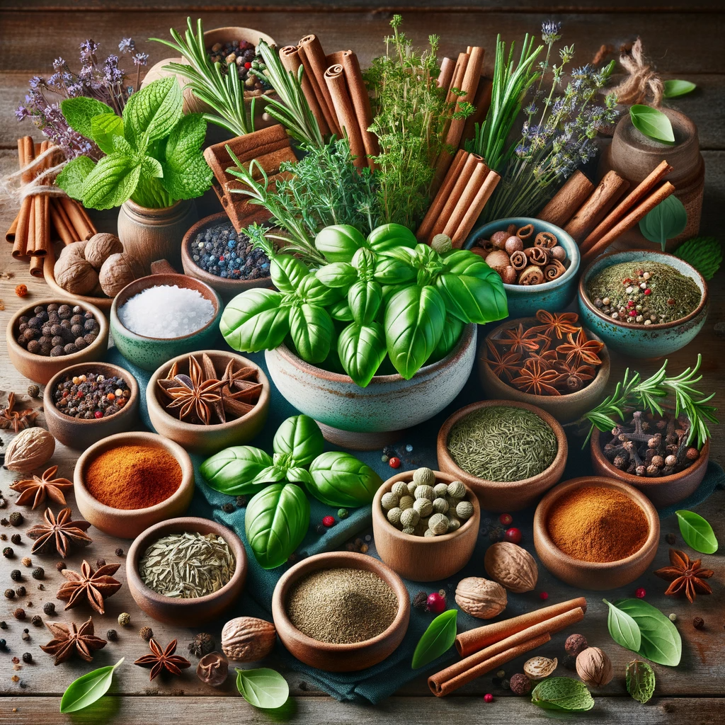 An artistic arrangement of various herbs and spices on a wooden table, including fresh green basil, rosemary, thyme, mint, and dried spices like cinnamon sticks, star anise, cloves, and whole nutmeg. Some herbs and spices are in small bowls against a rustic kitchen background, illustrating natural culinary enhancement