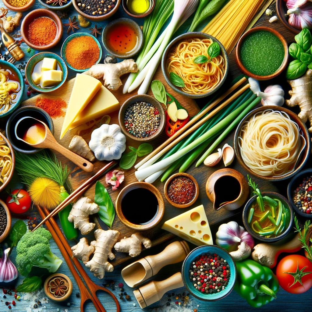 A vibrant and colorful display of Asian fusion ingredients arranged artistically on a modern kitchen countertop. The image showcases a blend of traditional Asian ingredients like soy sauce, ginger, lemongrass, and rice noodles, harmoniously combined with Western elements such as cheese, olive oil, and herbs. Ingredients are placed in rustic bowls and on wooden cutting boards, with a few modern kitchen utensils in the background, emphasizing the fusion culinary theme